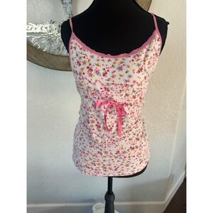 Y2K GapBody Floral Lace Trim Cami Top Pink Ribbon Bow Empire Waist Sleepwear Lg